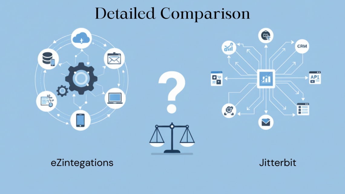 A blog banner comparing Jitterbit vs eZintegrations on a blue background. The left side illustrates zIntegration as a continuous circular loop of data, while the right side depicts Jitterbit as a central hub connecting various endpoints. A balance scale and question mark sit in the center, representing the choice between the two integration platforms.