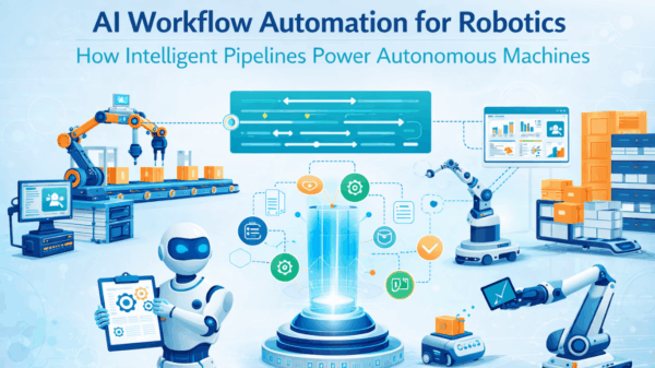 AI-powered robotics workflow illustration showing automated pipelines connecting robots, data systems, and intelligent decision-making processes.