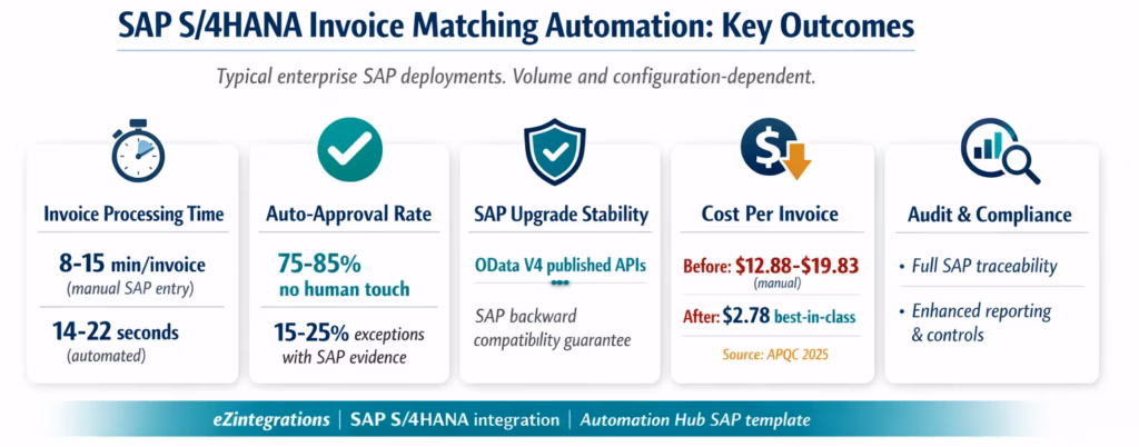 SAP invoice automation outcomes: faster processing, high auto-approval, stable APIs, lower costs. 