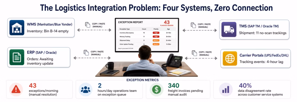 Logistics Integration Platform: Connect WMS, TMS, ERP & Carrier APIs logistics-integration-platform-problem